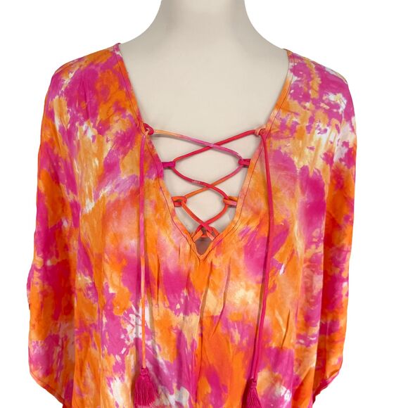Tommy Bahama Tidal Tie Dye V-Neck Long Caftan L XL Pink Cover Up Tassel Beach - Picture 3 of 14